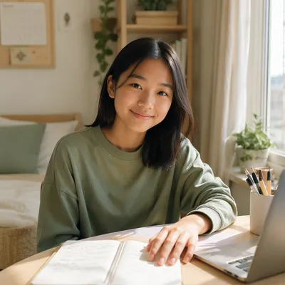 Asian Teenage Student at Bedroom Desk
