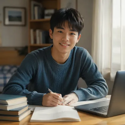 Friendly Asian Teen Studying by Window