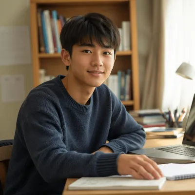 Asian Teenage Student at Sunlit Desk