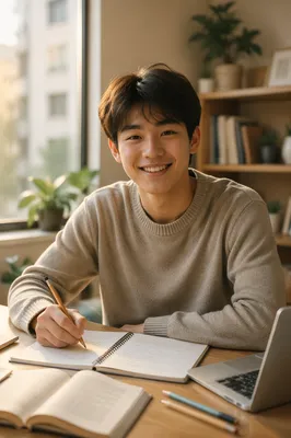 Friendly East Asian Teen Studying at Desk