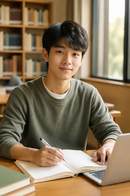 Friendly Asian Teen Studying in Library