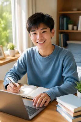 Friendly East Asian Teen at Desk
