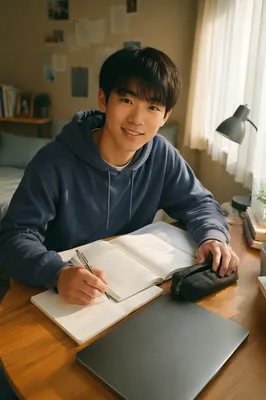 Friendly Asian Teen Studying by Window