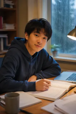 Asian Teen Studying by Rainy Window
