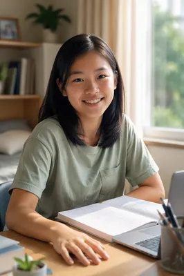 Asian Teenage Student at Sunlit Desk