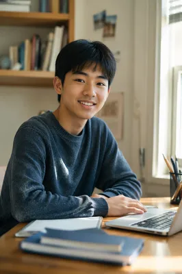 Asian Teenage Student at Sunlit Desk