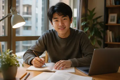 Friendly East Asian Teen Studying Indoors
