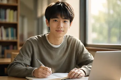 Friendly East Asian Teen Studying in Library
