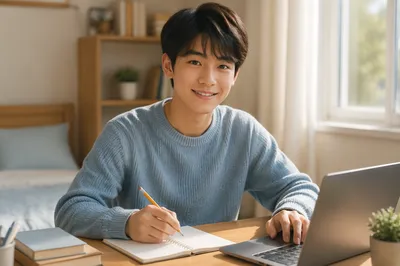Friendly East Asian Teen at Desk