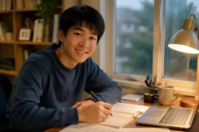 Asian Teen Studying by Rainy Window