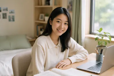 Asian Teenage Student at Sunlit Desk