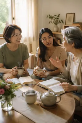 Three Women Sharing Tea at Home