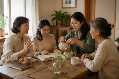 Asian Women Sharing Tea at Home