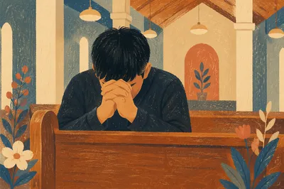 Asian Young Adult Praying in Quiet Pew