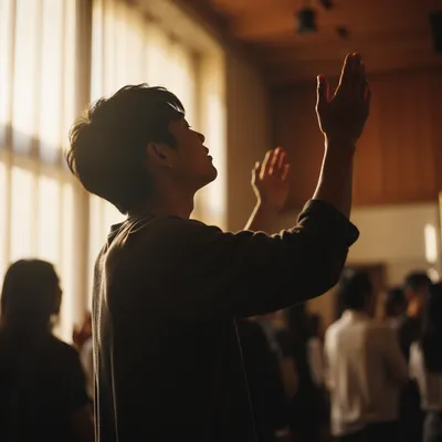 Young Adult with Raised Hands Indoors