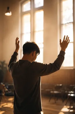 Young Adult with Raised Hands Indoors