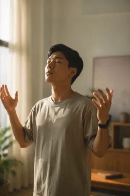Young East Asian Adult with Raised Hands
