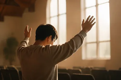Young Adult with Raised Hands Indoors