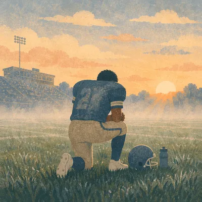 Athlete Kneeling in Prayer Before Game