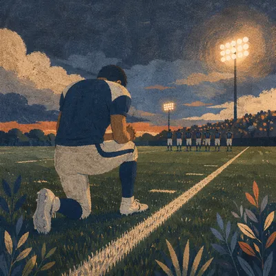 Athlete Kneeling in Prayer Before Game
