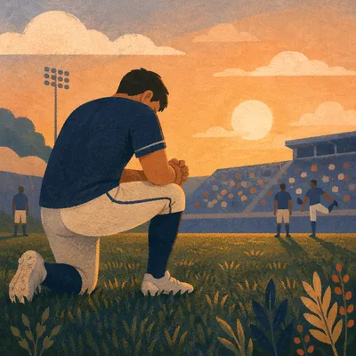 Athlete Kneeling in Prayer Before Game