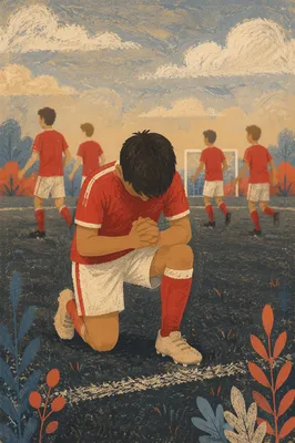 Soccer Athlete Kneeling in Prayer Before Match