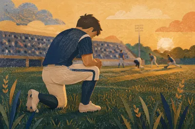 Athlete Kneeling in Prayer Before Game