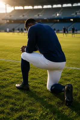 Athlete Kneeling in Prayer Before Game