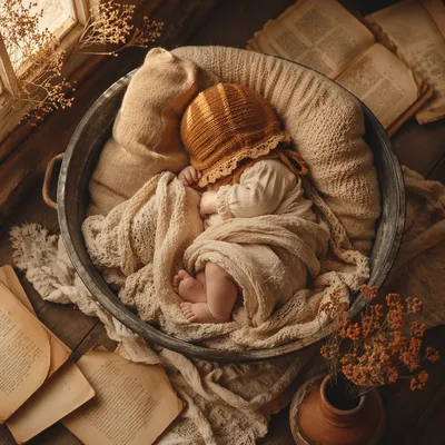 Peaceful Sleeping Newborn in Rustic Blanket