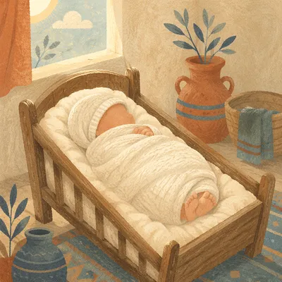 Peaceful Newborn Sleeping in Rustic Cradle