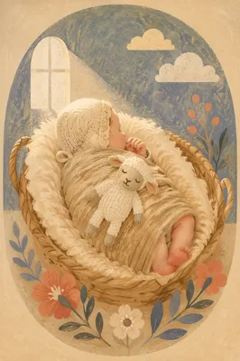 Peaceful Newborn in Woven Basket
