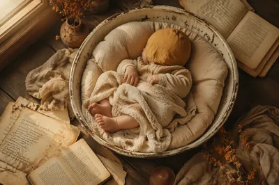 Peaceful Sleeping Newborn in Rustic Blanket
