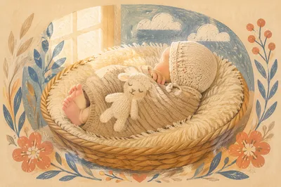 Peaceful Newborn in Woven Basket