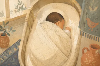 Peaceful Newborn Sleeping in Woven Blanket