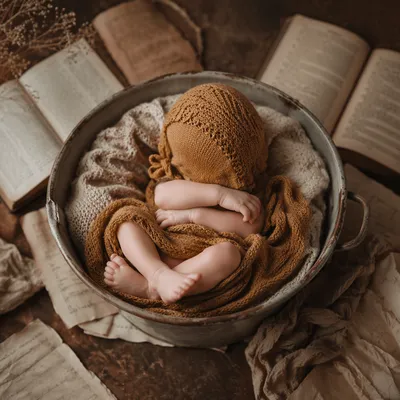 Peaceful Newborn Sleeping in Vintage Washtub