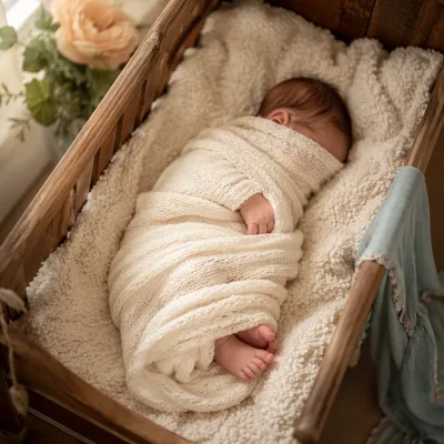 Peaceful Newborn Sleeping in Rustic Cradle