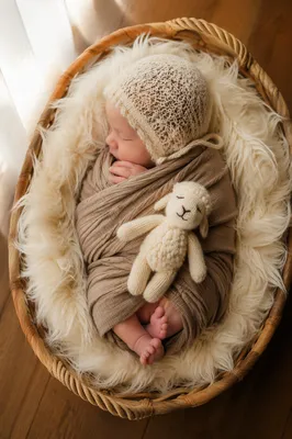 Peaceful Newborn in Taupe Blanket