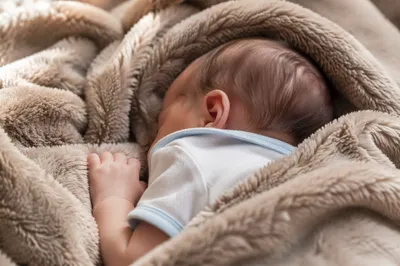 Peaceful Newborn Sleeping in Taupe Blanket