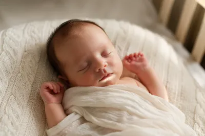Peaceful Newborn Sleeping on Knit Blanket