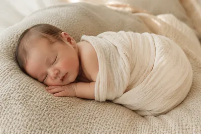 Peaceful Newborn Sleeping on Knit Blanket