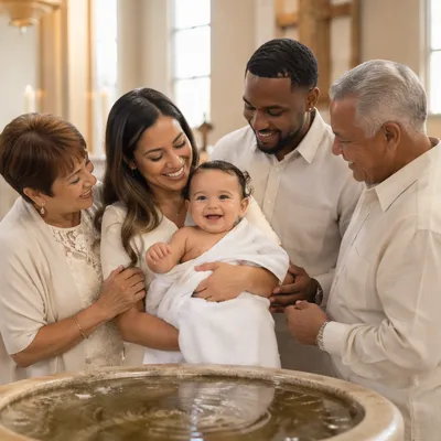 Smiling Toddler Baptism Family Portrait