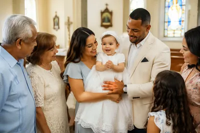 Smiling Toddler Baptism with Family in Church