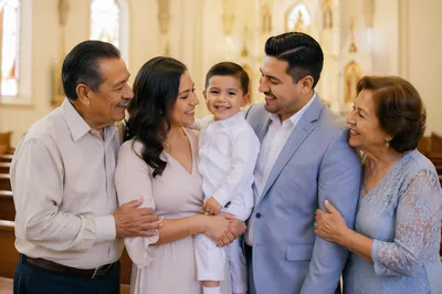 Family Celebrating Child Baptism in Church