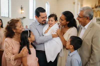 Smiling Toddler with Family in Church Hall
