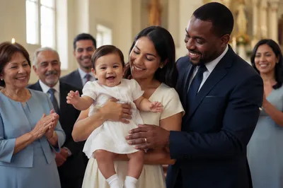 Smiling Toddler After Baptism with Family
