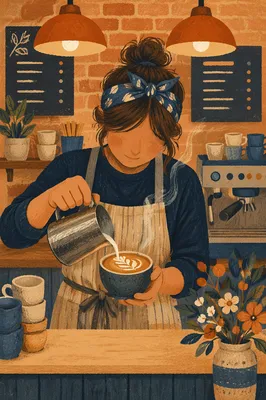 Barista Pouring Latte Art at Counter