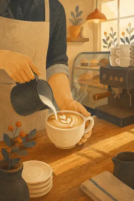 Barista Pouring Latte Art at Counter