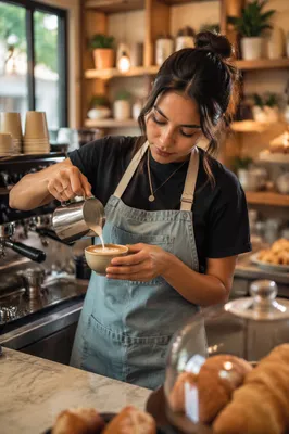 Barista Pouring Latte Art at Counter