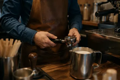 Barista Preparing Latte Art at Cozy Counter