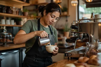 Barista Pouring Latte Art at Counter